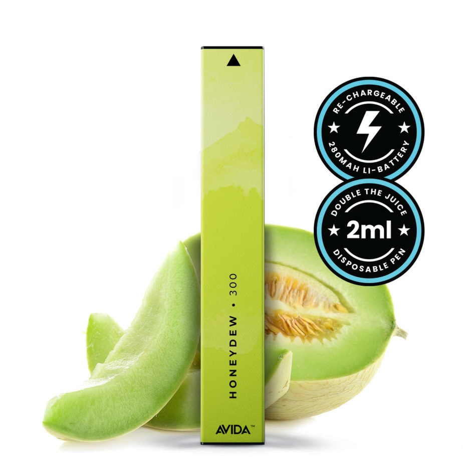 AVIDA Puff Honeydew, a 300mg CBD rechargeable vape, offering a refreshing honeydew melon flavor, featuring a 2ml capacity and sleek design, displayed alongside honeydew slices on a white background.