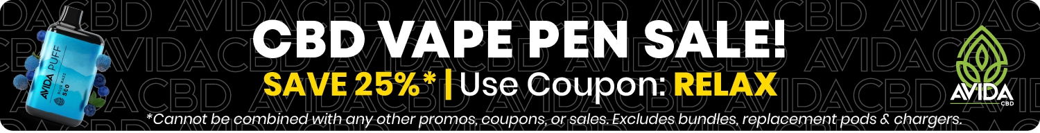 AVIDA CBD vape pen sale banner offering 25% off with coupon code 'RELAX', featuring a blue vape pen on a black background with promotional details and exclusions.