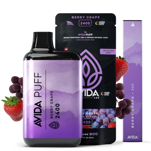 AVIDA Puff Berry Grape CBD products featuring a 2400mg rechargeable disposable vape with 8ml capacity and a sleek 300mg vape pen, complemented by vibrant strawberries and grapes against a clean background.