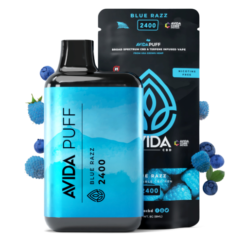 Blue Razz Avida Puff with 2400mg broad-spectrum CBD, showcasing a disposable and rechargeable design, paired with natural blueberry and raspberry accents, and its sleek packaging.