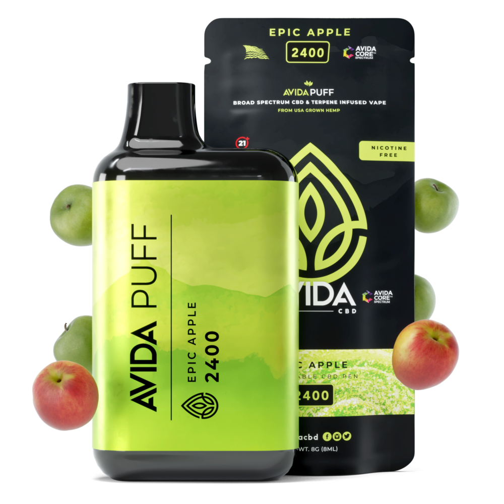 AVIDA Puff Epic Apple CBD vape with green and red apples, packaging for 2400mg broad-spectrum CBD, and sleek disposable pen.