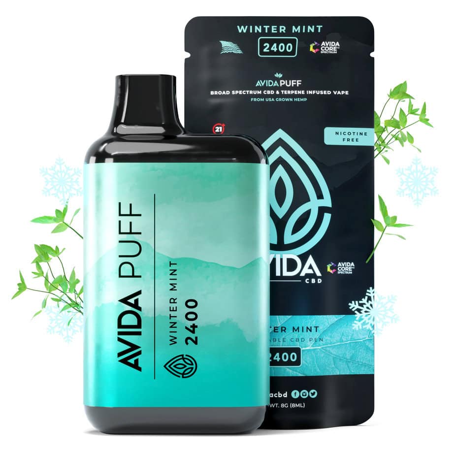 Winter Mint Avida Puff 2400mg CBD Vape Pen shown with mint leaves and snowflake accents, highlighting its refreshing flavor profile and broad spectrum hemp formulation.