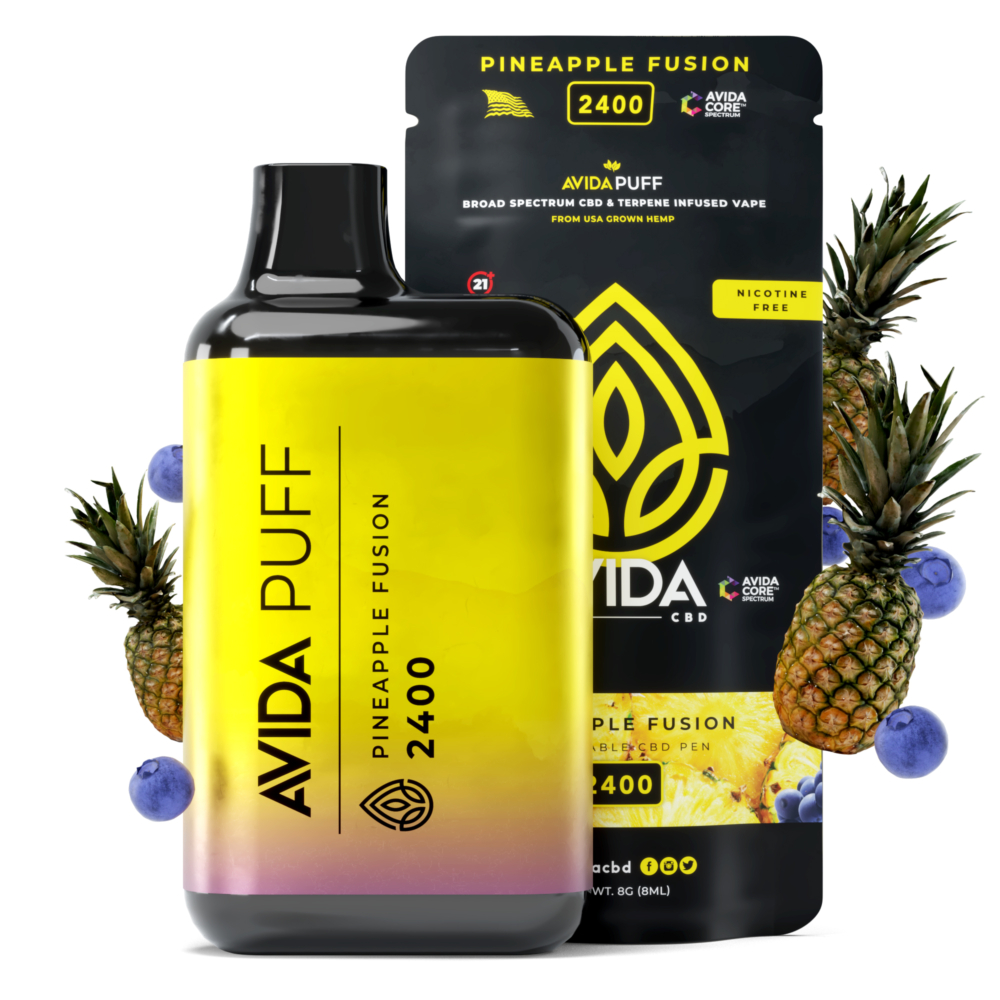 Avida Puff Pineapple Fusion disposable CBD vape with 2400mg, featuring bold pineapple and blueberry flavors, shown with packaging.