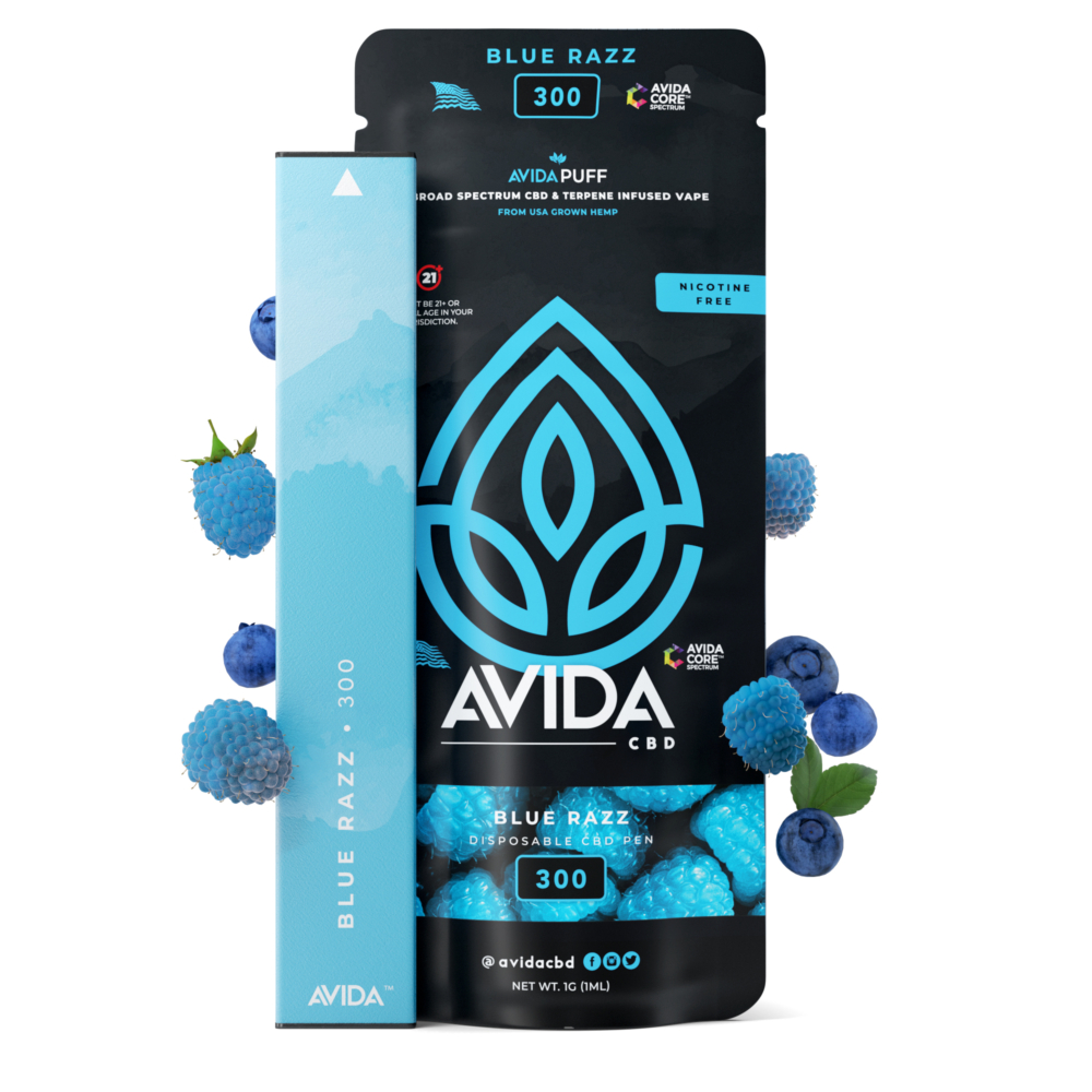 Blue Razz 300mg CBD Vape Pen with Packaging and fruit.