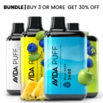 AVIDA Puff 2400mg CBD vape pens featuring Blue Razz, Pineapple Fusion, Epic Apple, and Flavorless flavors, showcased in a bundle promotion offering 30% off when you buy 3 or more.